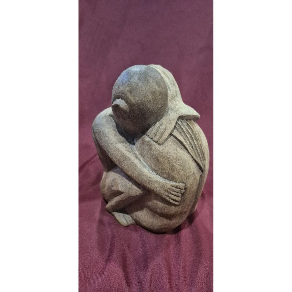 Hand Carved Wood Sculpture People Hugging Embracing THE HUG Heavy Love Vintage